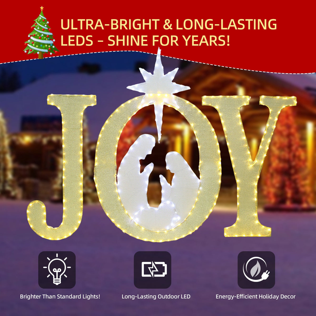 Starfree 49-inch Outdoor Nativity Decoration Lighted JOY Sign with Outdoor Christmas Yard Decorations Hanging and Standing Options for Porch & Garden
