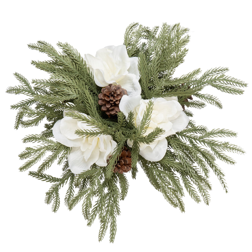 My Texas House Evergreen, Pinecone, and Magnolia Christmas Arrangement in Pot, Green and White, 15"