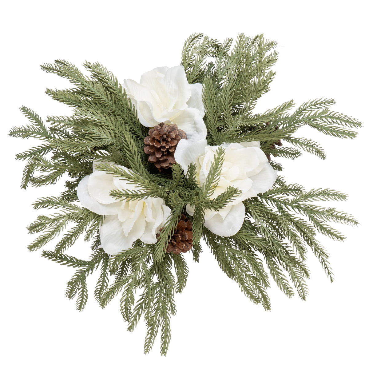My Texas House Evergreen, Pinecone, and Magnolia Christmas Arrangement in Pot, Green and White, 15"