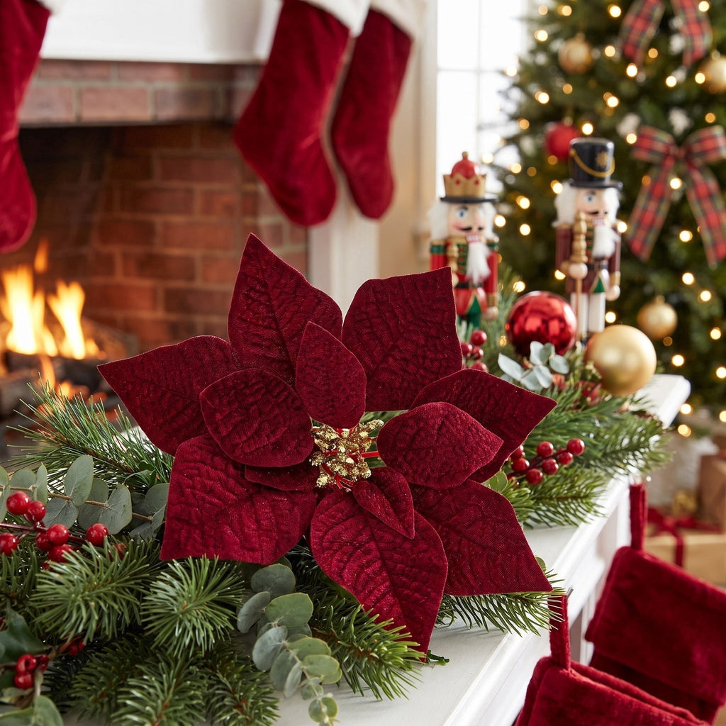 Red and Gold Velvet-Feel Poinsettia Christmas Clip Ornament, 11", by Holiday Time