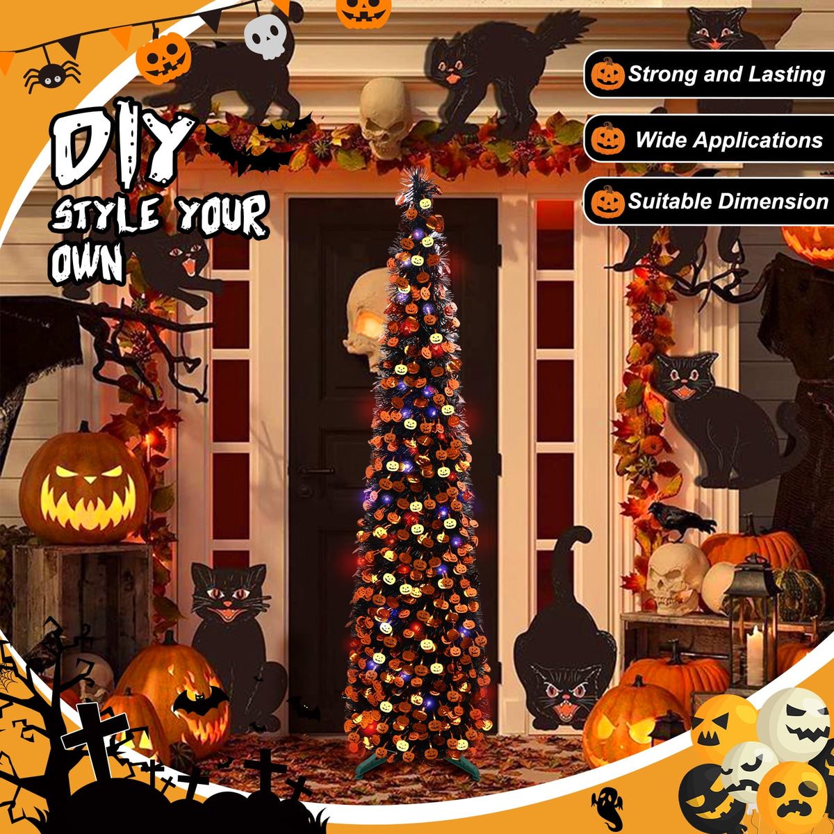 Ayieyill 5ft Halloween Tree Prelit, Pencil Pop up Tree with Light Halloween Decoration | Indoor | Black