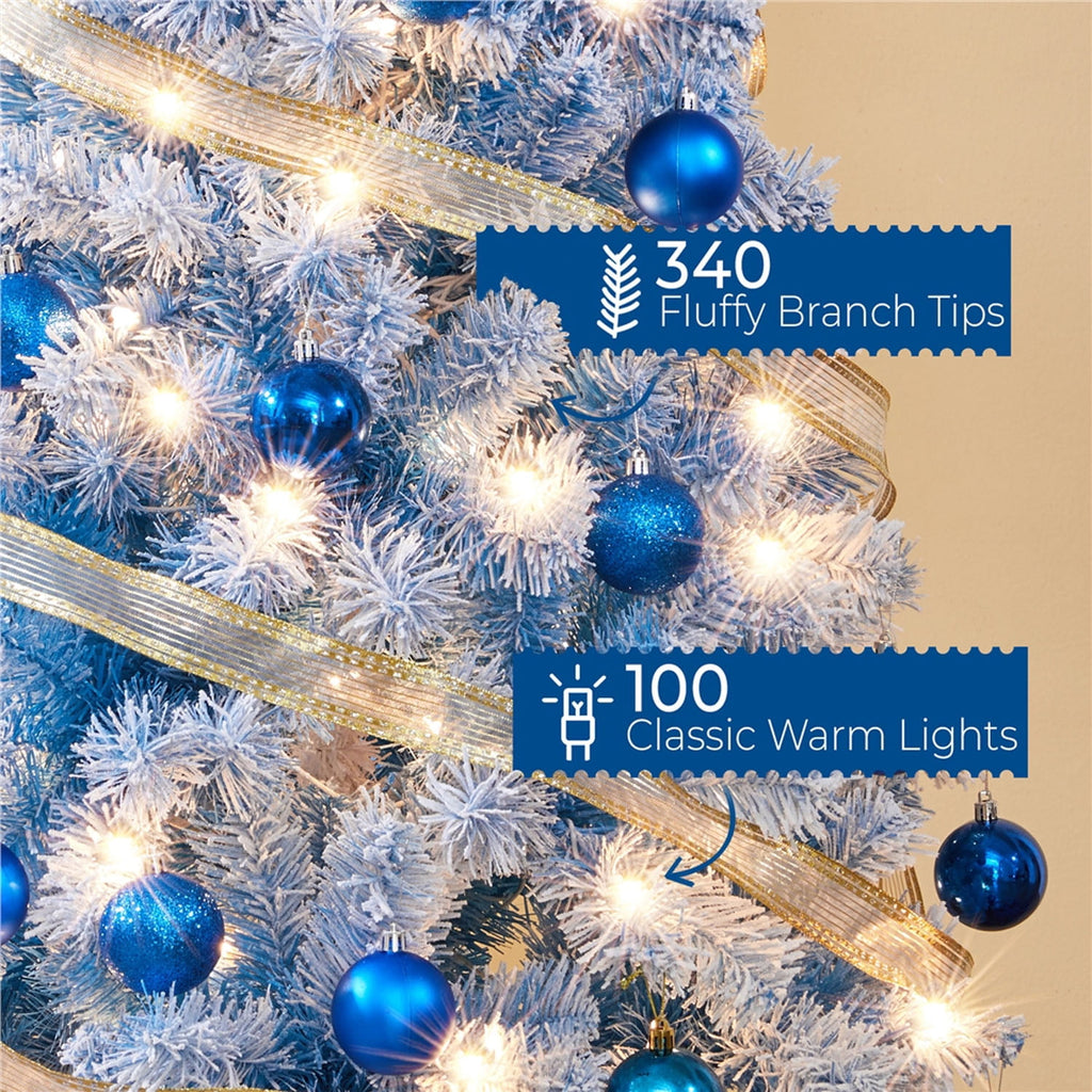 Alden Design 7.5 ft Pre-Lit Flocked Christmas Tree with Warm Lights, Frosted White