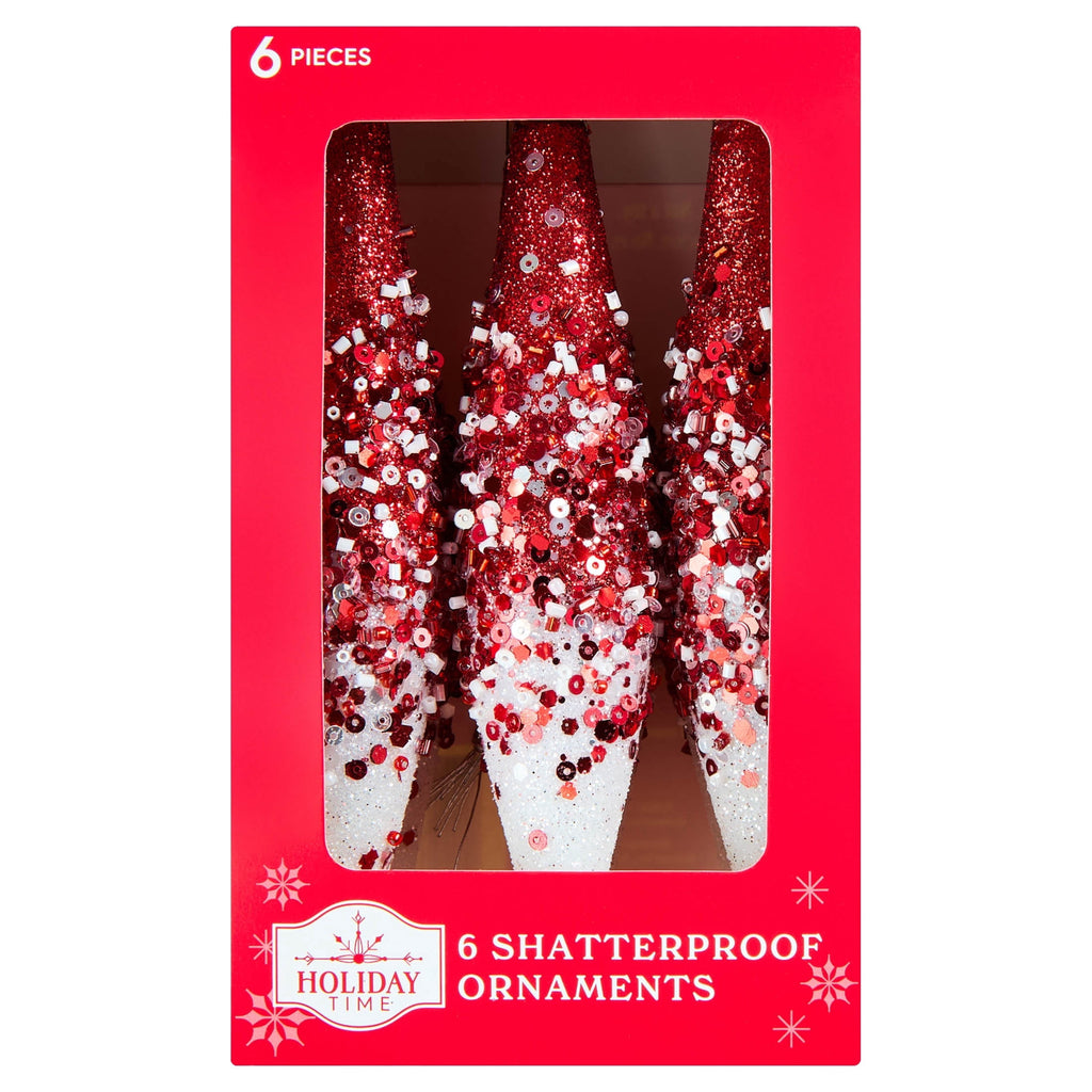 6-Count Red and White Glitter Ombre Finial Shatterproof Christmas Ornaments, 6.1", by Holiday Time