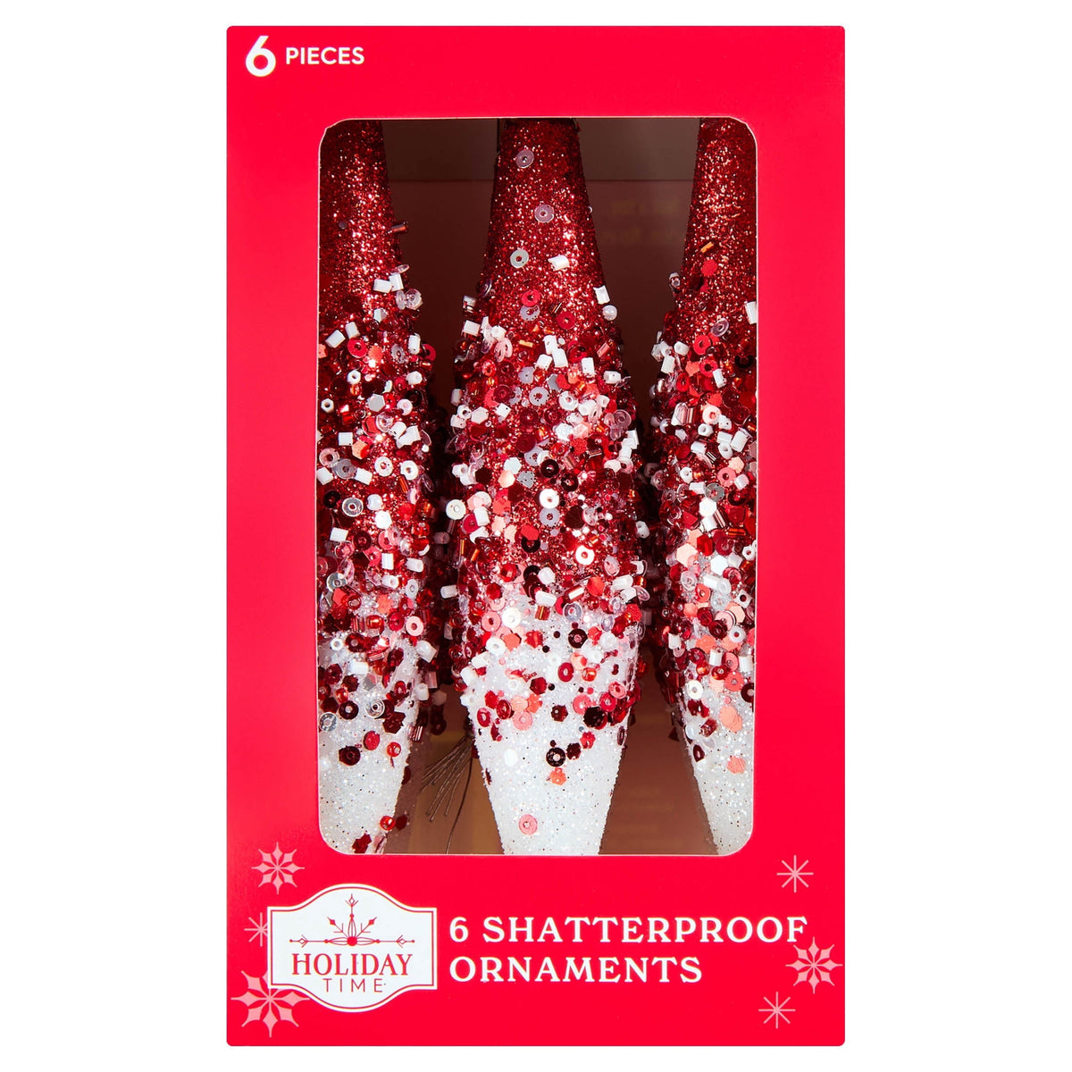 6-Count Red and White Glitter Ombre Finial Shatterproof Christmas Ornaments, 6.1", by Holiday Time