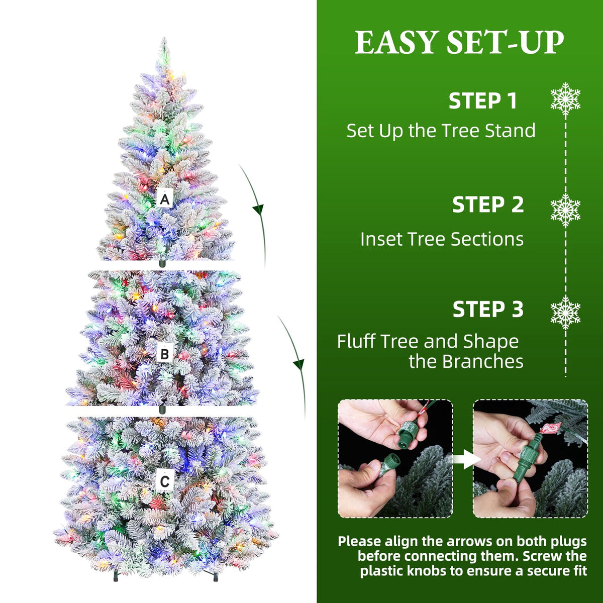 VIVATREES 7.5FT Premium Flocked Christmas Tree 550 Multi-Color LED Lights 5490 PVC PE Hinged Branch Tips Pre-Lit Artificial Xmas Pine Needles Metal Base for Home Office Holiday Decor
