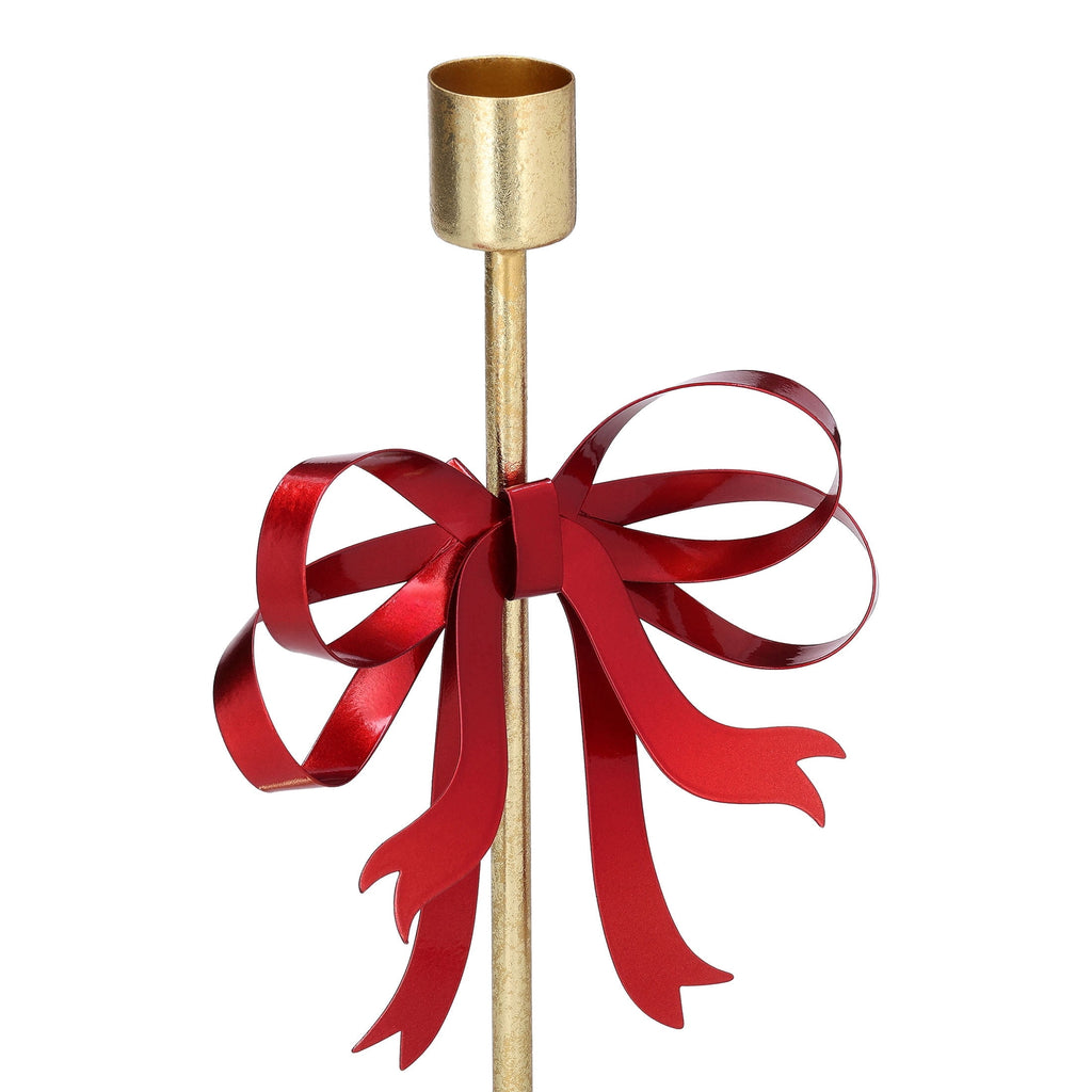 Medium Gold and Red Bow Metal Christmas Taper Candle Holder, 9.5", by Holiday Time