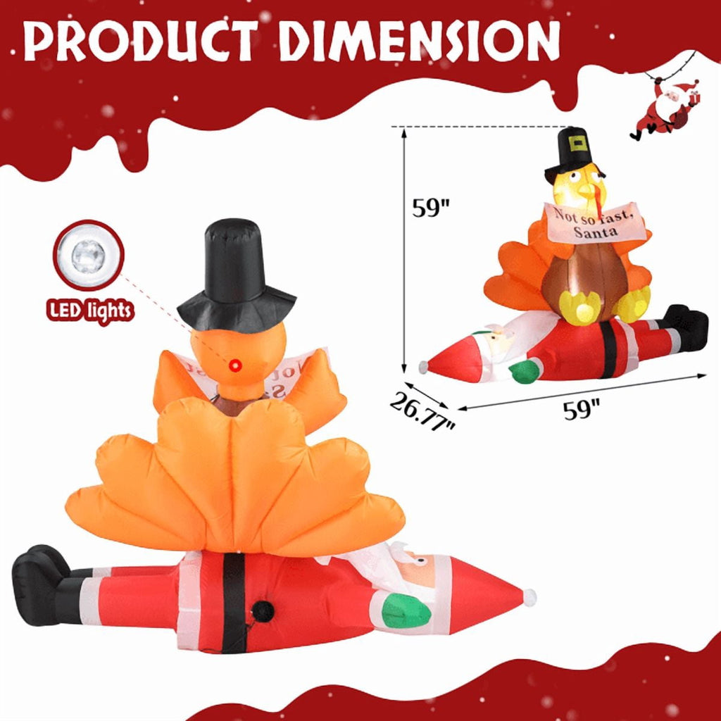 COTINSE 4.9 FT Christmas Inflatable Decorations Outdoor, Turkey Sitting on Santa Claus Blow Up Yard Decoration with Built-in LED Lights