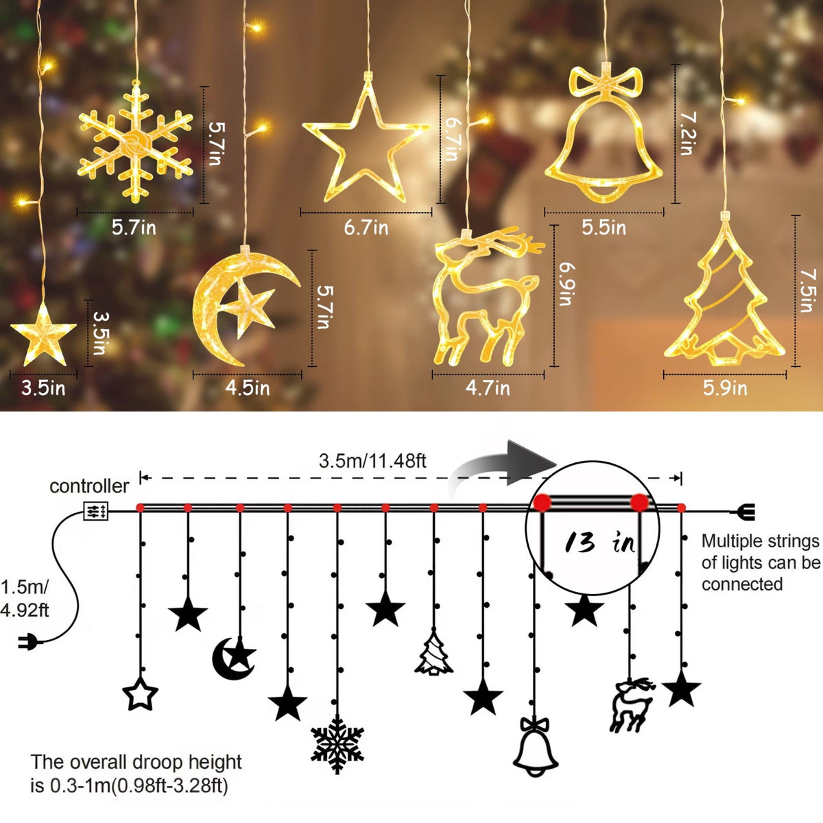 Scidweet Christmas Lights Decorations, 11.5 FT Hanging Twinkle Fairy Christmas Curtain Lights for Home Indoor Outdoor Window Xmas Decor, Warm White