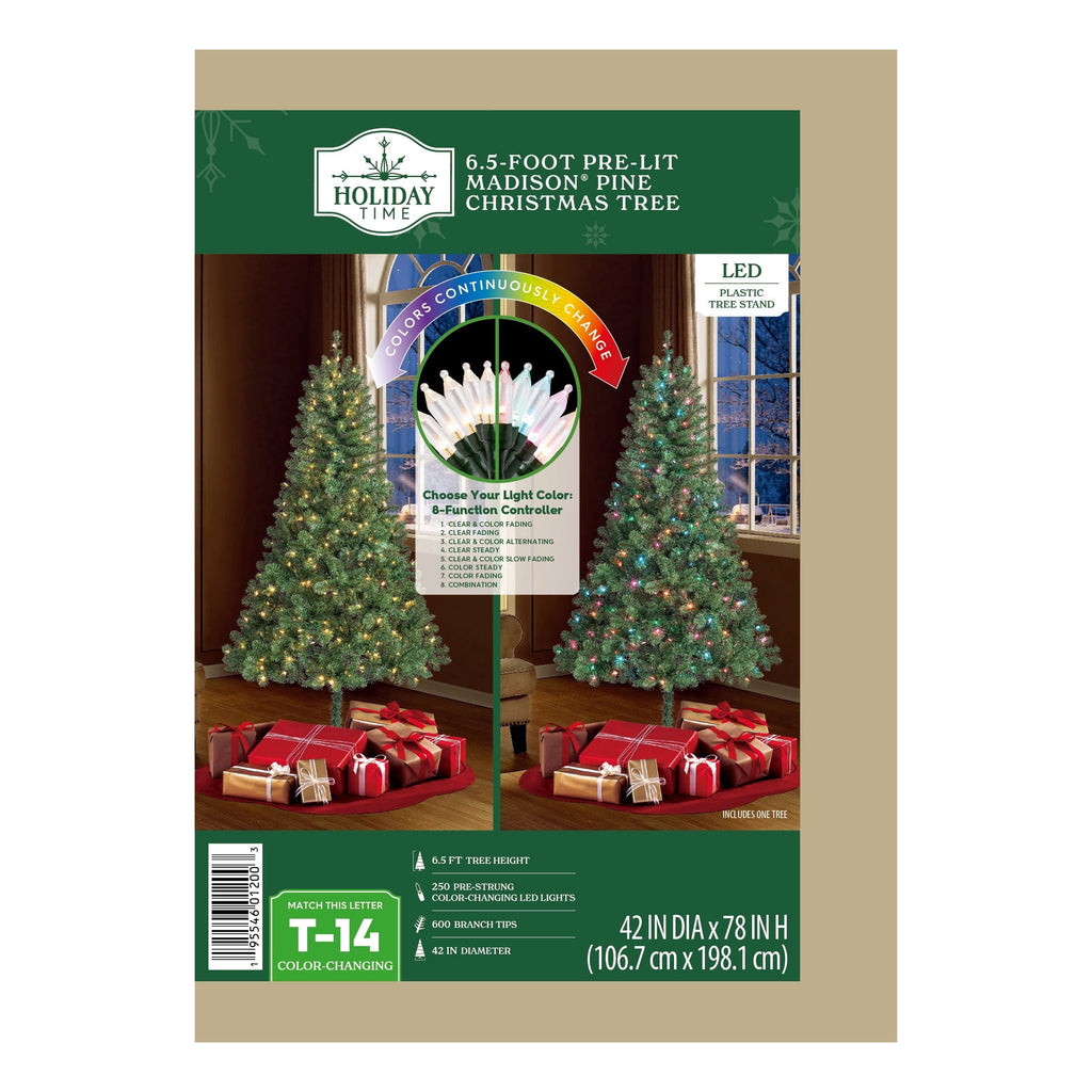 6.5' Pre-Lit Madison Pine Green Artificial Christmas Tree with Color-Changing LED Lights and Stand, by Holiday Time