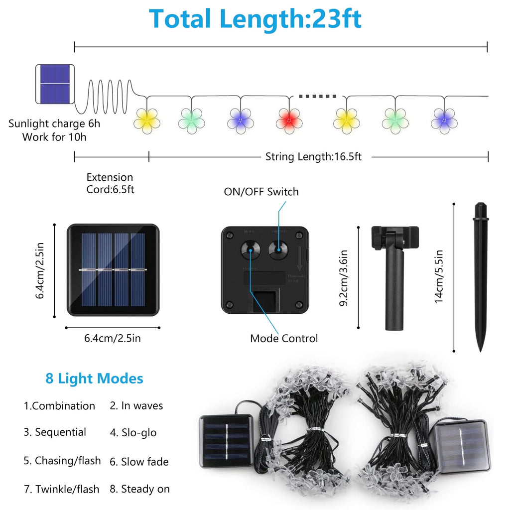 Rirool Cherry Blossom Solar String Lights Outdoor, 23FT 50 LED Flower Fairy Lights with 2 Lighting Modes, IP65 Waterproof Auto On/Off for Garden Patio Wedding Christmas Decor, Multicolor