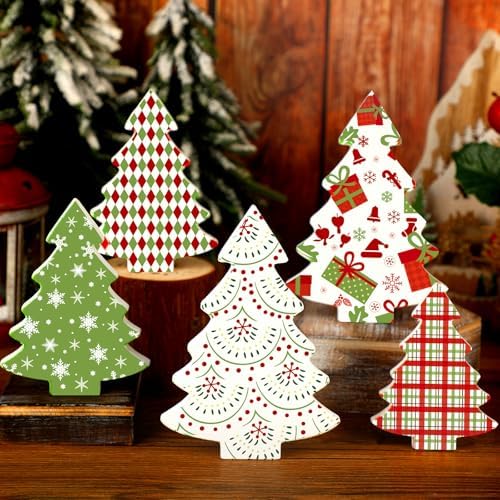 Huwena 5 Pcs Wooden Christmas Trees Decor,Red Green White Buffalo Plaid
