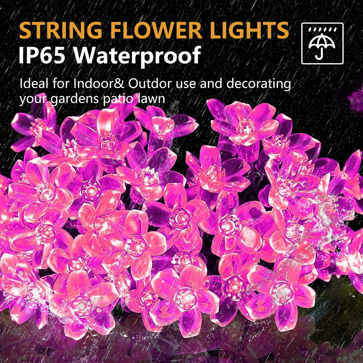 Rirool Cherry Blossom Solar String Lights Outdoor, 23FT 50 LED Flower Fairy Lights with 2 Lighting Modes, IP65 Waterproof Auto On/Off for Garden Patio Wedding Christmas Decor, Multicolor