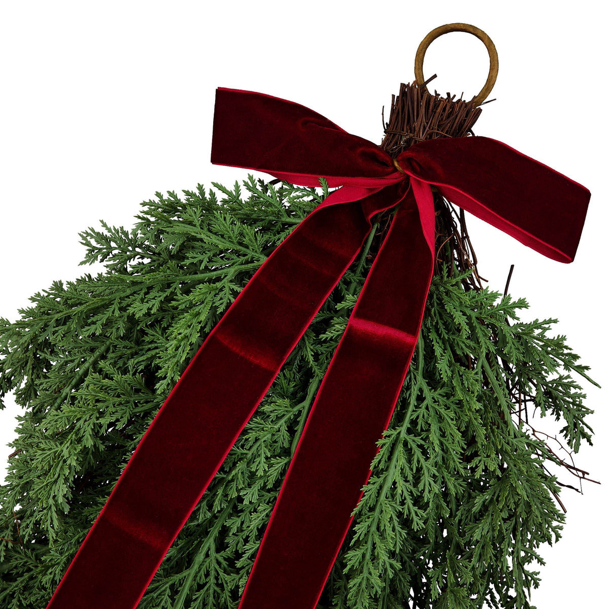 My Texas House Natural Feel Cedar Artificial Christmas Swag with Velvet Bow, Green and Red, 28"