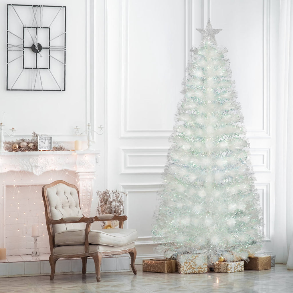 Vowella 6ft Fiber Optic Christmas Tree, Pre-Lit White Tree with Color Changing Lights & Star Topper & Sturdy Base for Home & Party