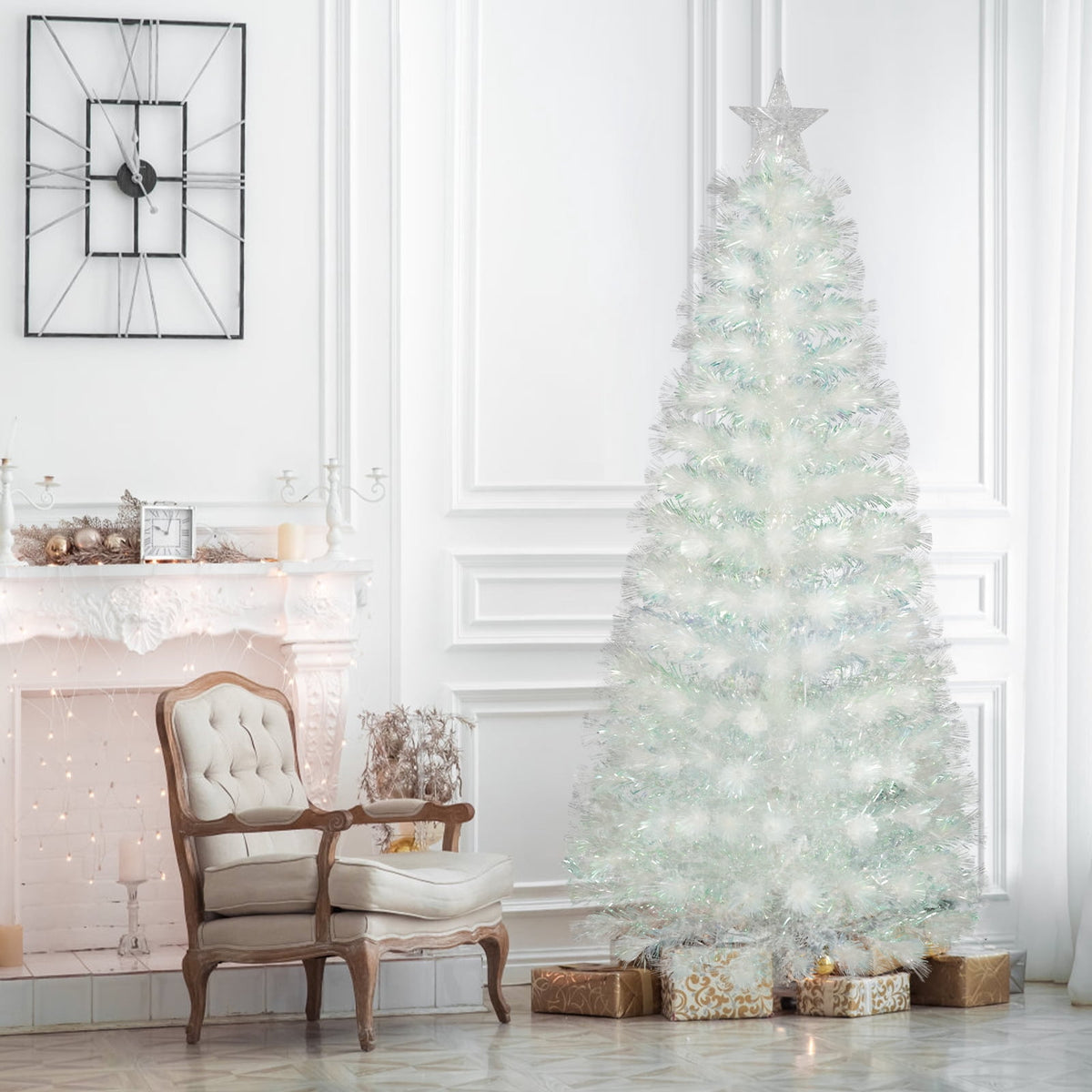 Vowella 6ft Fiber Optic Christmas Tree, Pre-Lit White Tree with Color Changing Lights & Star Topper & Sturdy Base for Home & Party