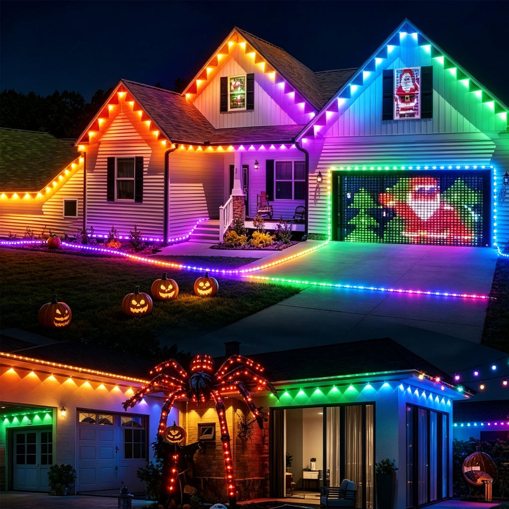 50ft RGB+IC Permanent Outdoor Eaves Lights With App & Remote Control, IP67 Waterproof LED Rain Gutter Lights for Year-Round Christmas Halloween, Valentine's Day, Holiday, Party Outdoor Decor