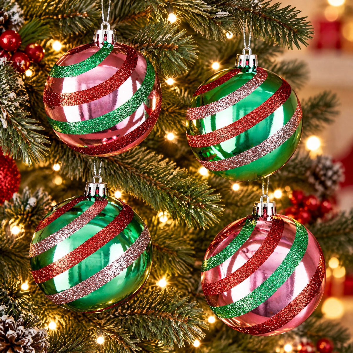 4-Count Metallic Pink and Green Glitter Stripes Ball Shatterproof Christmas Ornaments, 4.5", by Holiday Time