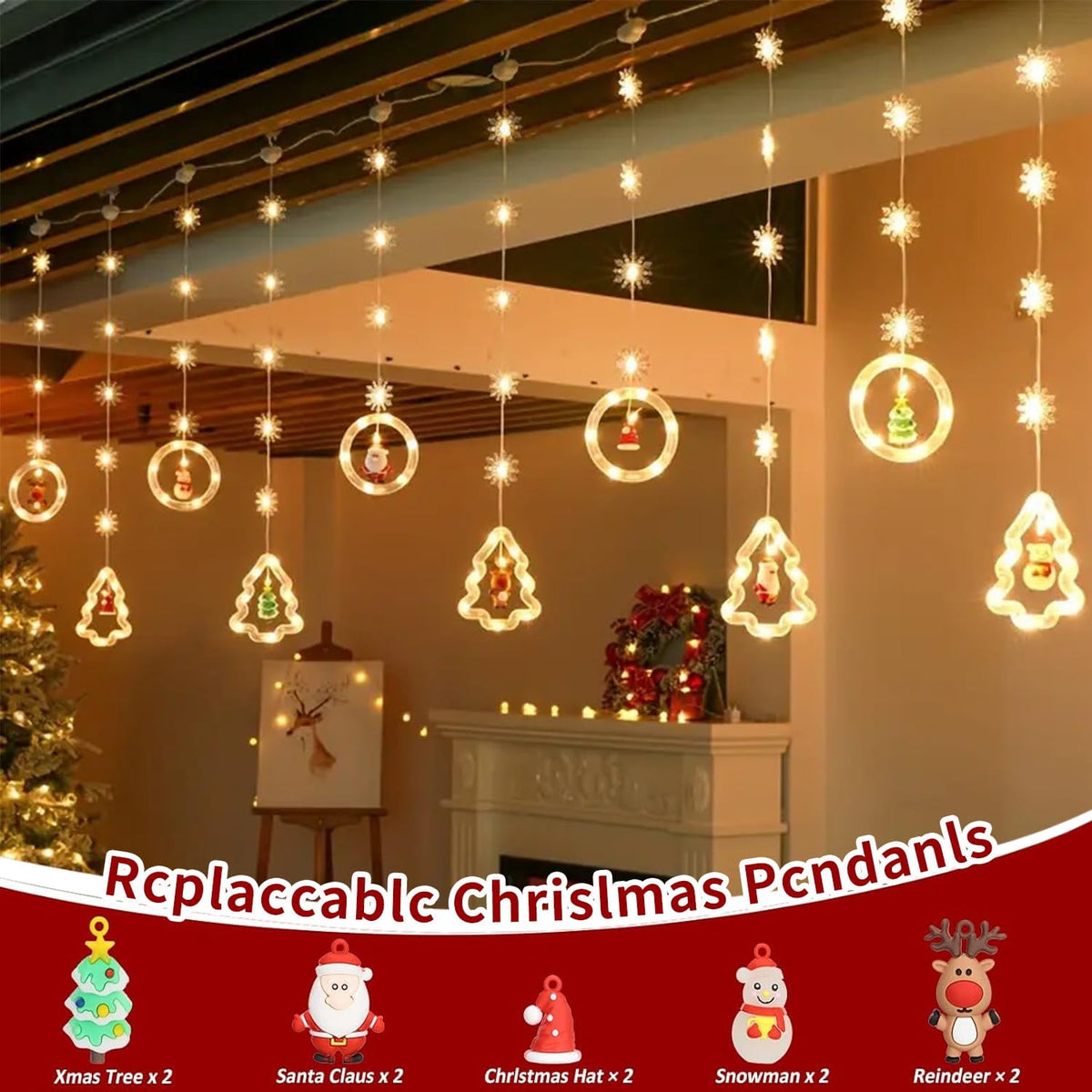 WILLED Christmas String Lights, 120 LED Window Curtain Lights with Christmas Ornaments, 9.8ft USB Powered Warm White Waterproof Fairy Lights Indoor Outdoor for Xmas Tree Patio Garden Party Home Decor