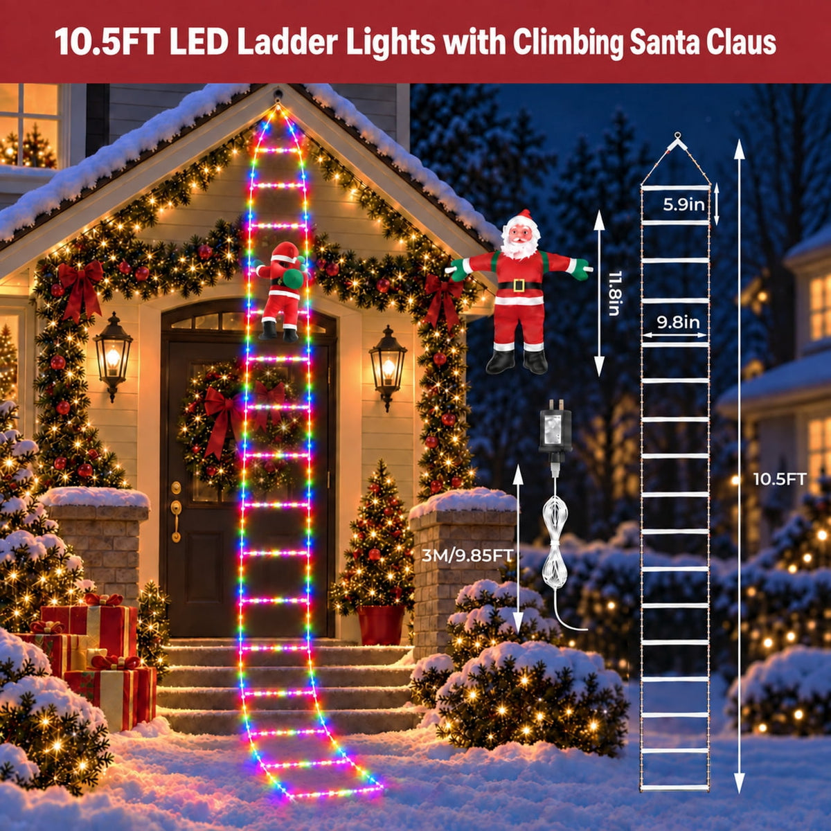Anoak Christmas Decorations Santa Climbing Ladder with Lights, 10.5ft Christmas Decorative LED String Lights Outdoor Indoor for Xmas Tree Decor, Window, Garden, Home, Multicolor