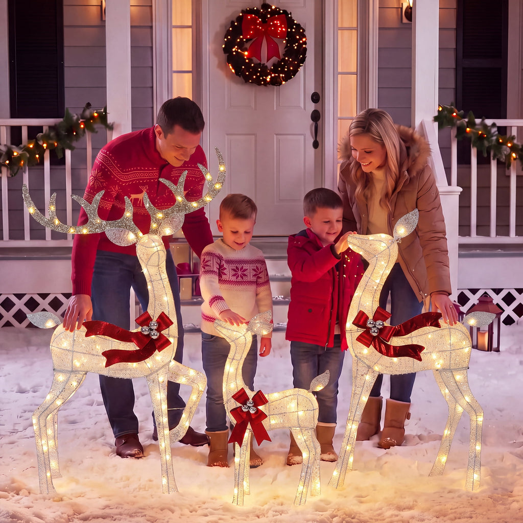 FOOWIN 3-Piece Large Christmas Deer Family, Lighted Outdoor Christmas Decoration, Champagne Gold