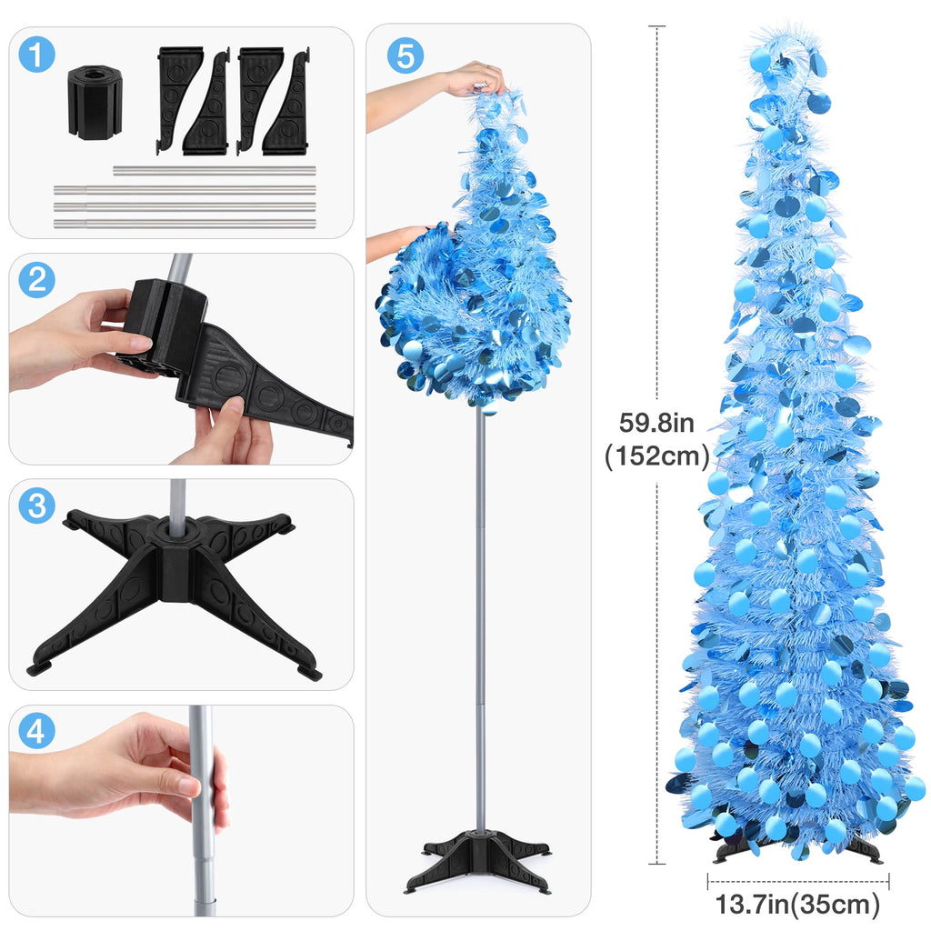 Ayieyill 5ft Pencil Christmas Tree, Collapsible Xmas Tree with Lights, Pop Up Tinsel Tree for Christmas Decorations Indoor, Pink White