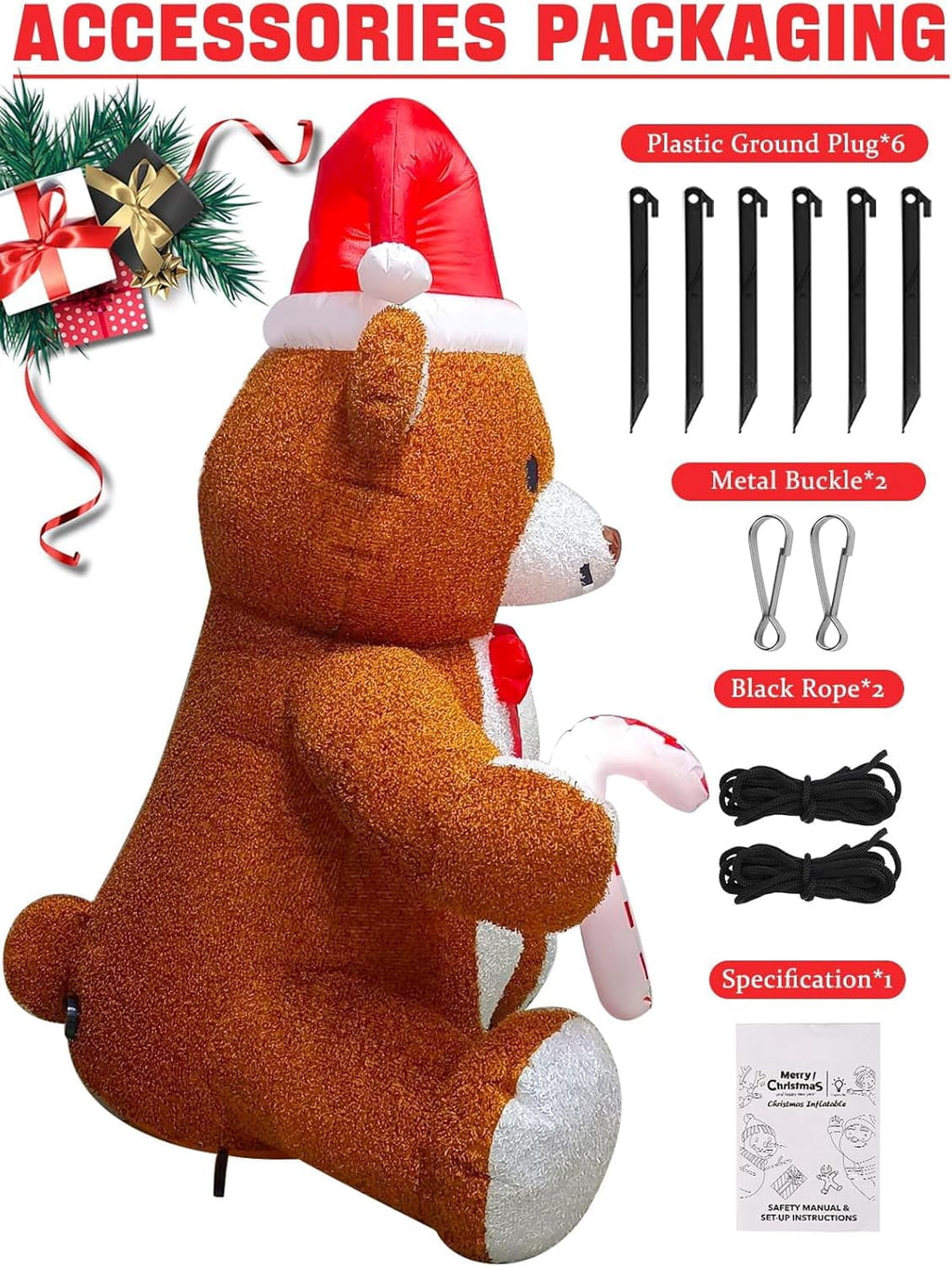 Kalolary Fluffy Bear Inflatable with LED Light, Christmas Blow Up Indoor Decoration, Xmas Teddy Yard Inflatable for Holiday Family Party Lawn Decor