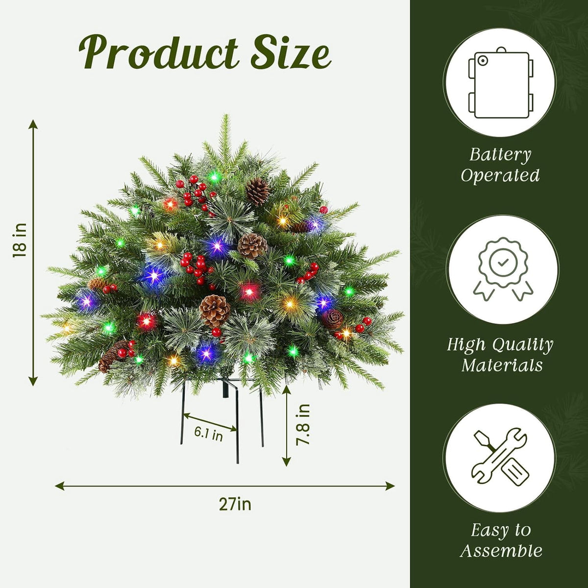 Lolsea Set of 2 18 Inch Pre-lit Outdoor Christmas Tree with Multi-Color Lights, Timer, Battery Operated, Lighted Pathway Urn Filler with Pine Cones