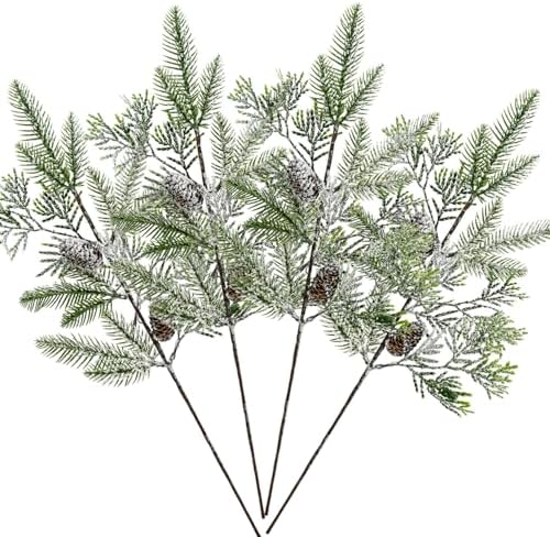 4 Piece Artificial Pine Needle Branches 15.7 Inch Snowy Frosted Greenery with Pinecones for Winter Christmas Tree Decor White