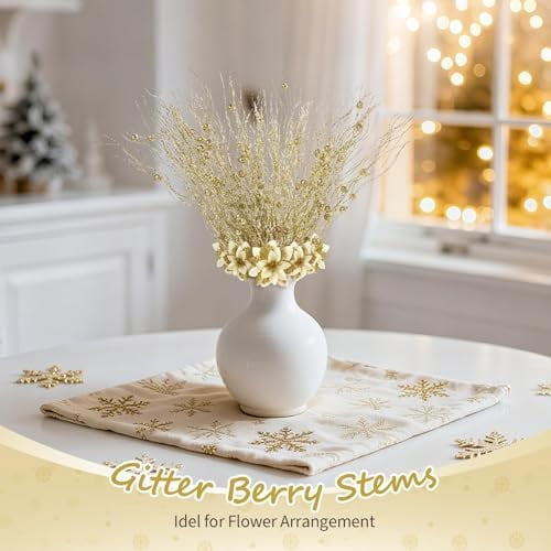 16 Piece Artificial Glitter Berry Stems 17 Inch Gold Christmas Tree Picks