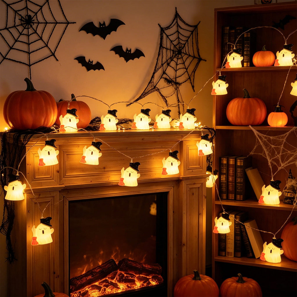 AZXY Halloween String Lights, Ghost Shaped White Halloween Lights, Indoor Outdoor Halloween Decor, Halloween Party Indoor Decor, Battery 5 FT Halloween Decorations, Stair Mantel Patio Halloween Decor