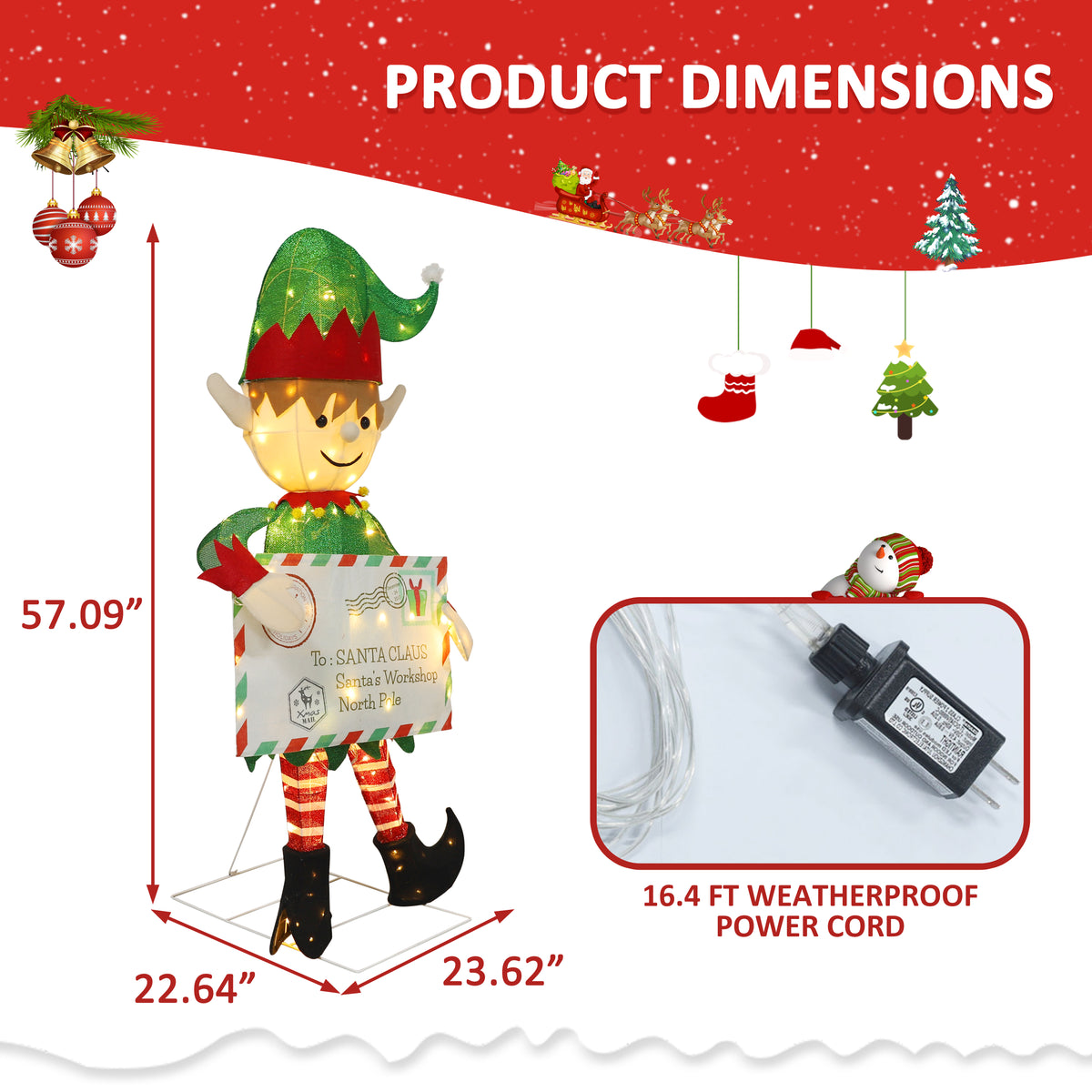 VEIKOUS 4.8ft Christmas Elf Decoration W/ 100 Warm White LED Lights, Envelope & Ground Stakes, Waterproof Pre-Lit Yard Decor for Holiday