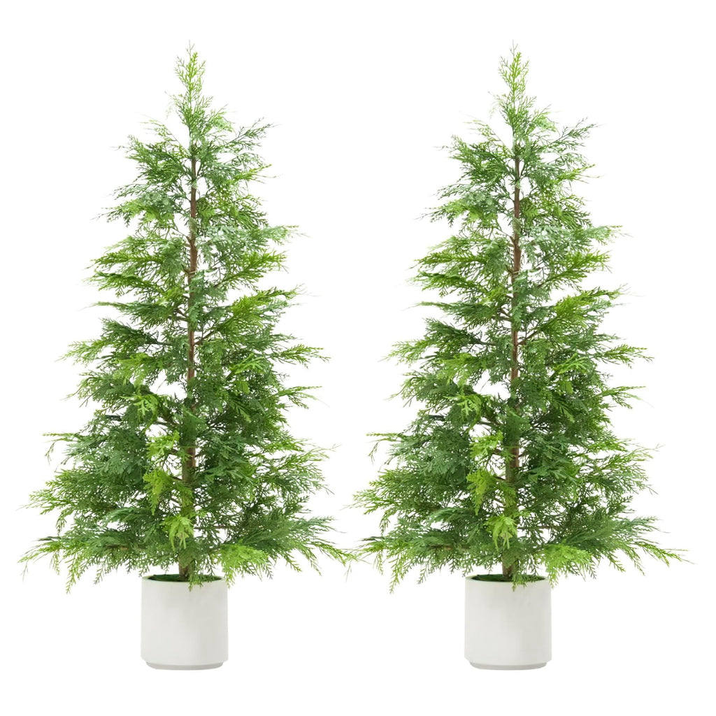 2 Pack 4Ft Artificial Cedar Topiary Trees for Front Porch Decor, Artificial Christmas Tree, Uv Rated Potted Plants, FauxPlants for Entryway, Living Room, Office, Apartment