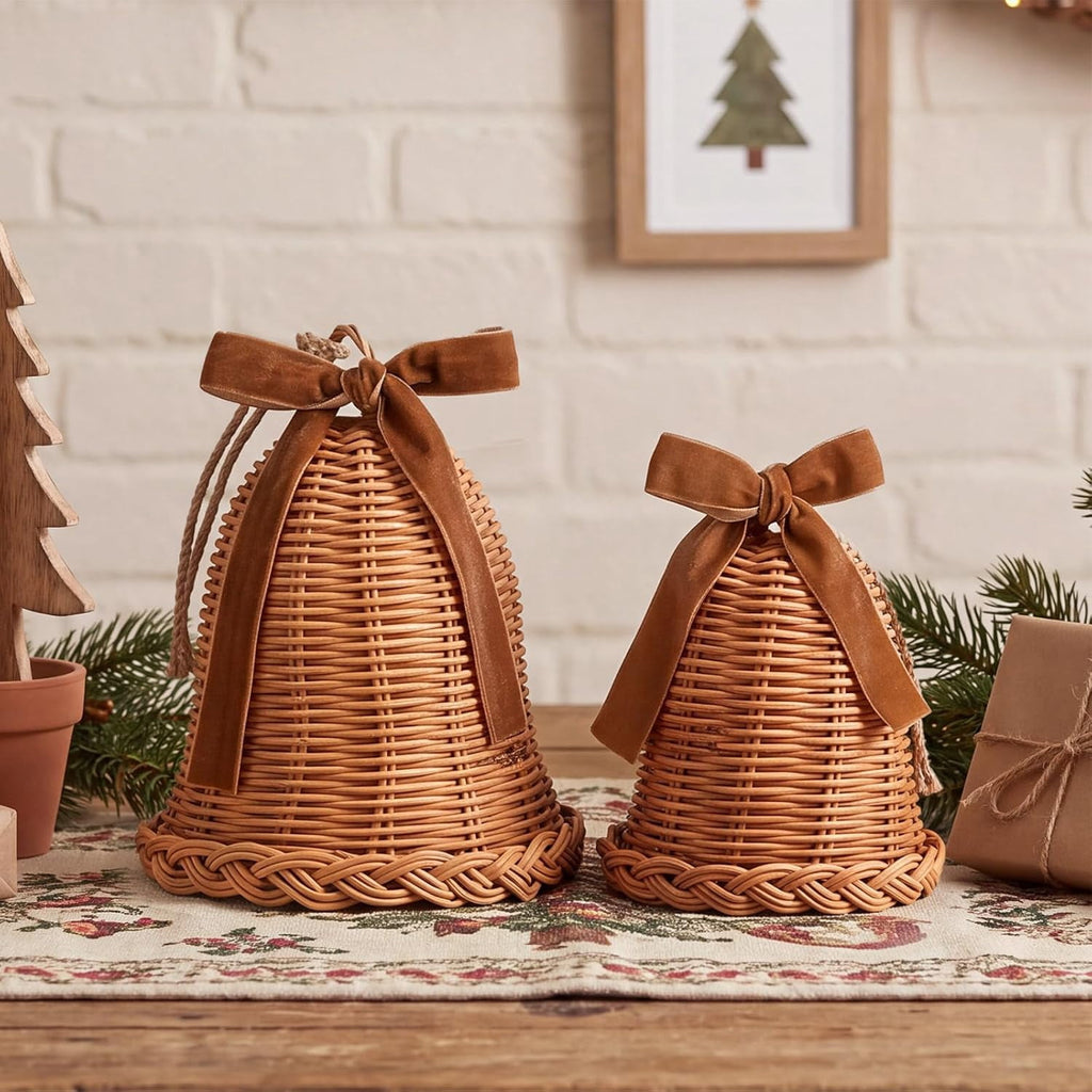 2 Pcs Woven Rattan Christmas Bells with Velvet Bows