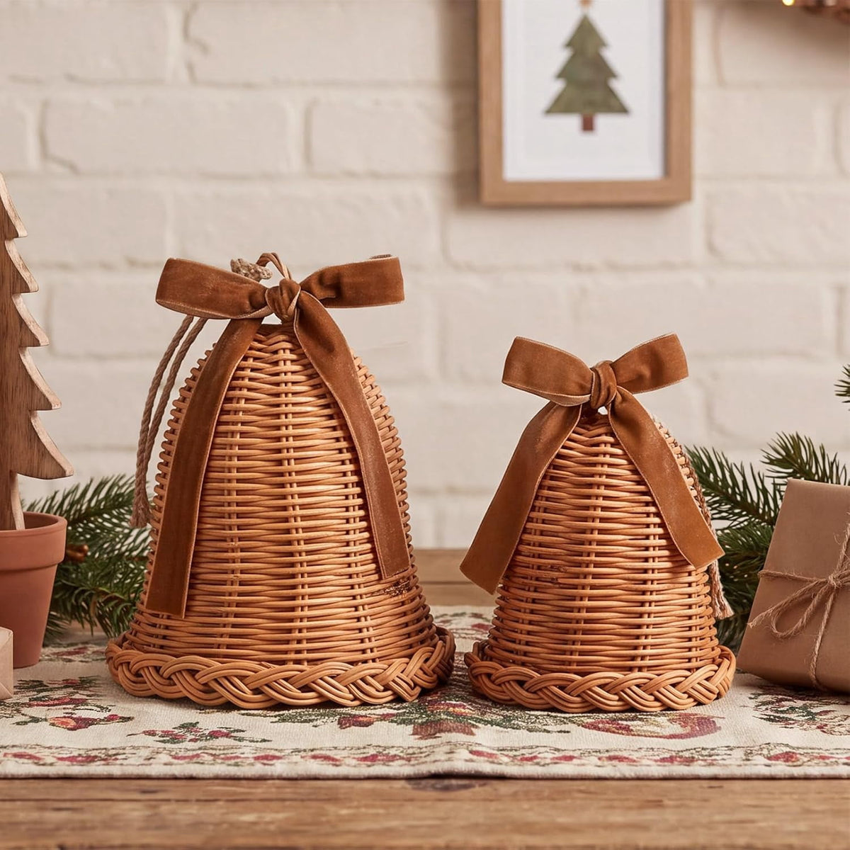 2 Pcs Woven Rattan Christmas Bells with Velvet Bows