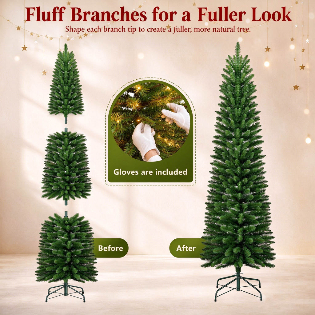 Goosiay Pre-Lit Pencil Artificial Christmas Tree, 6ft Xmas Tree with Metal Stand for Christmas Decoration, Green