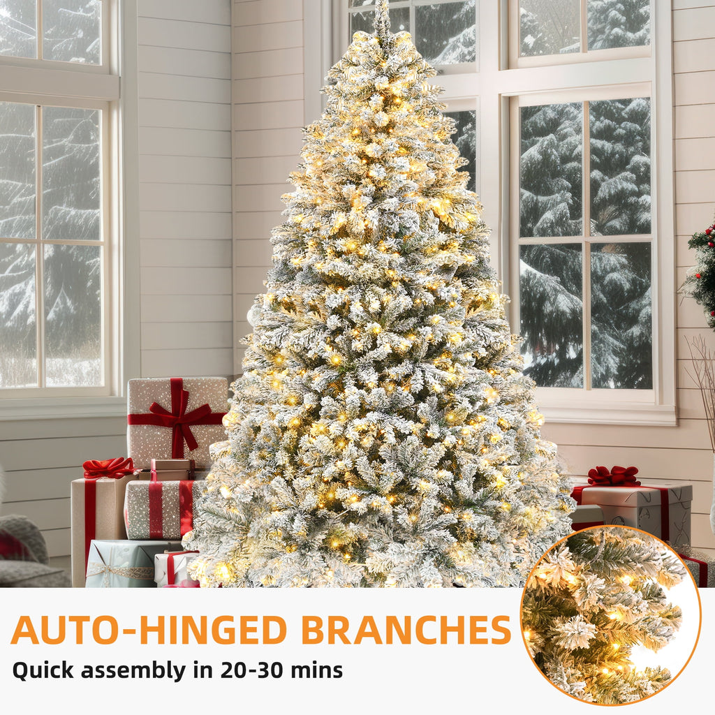 Dextrus 6ft Snow Flocked Artificial Christmas Tree with 250 Lights, Pre-Lit Holiday Christmas Pine Tree with 800 Branch Tips, 8 Light Modes and Foldable Base
