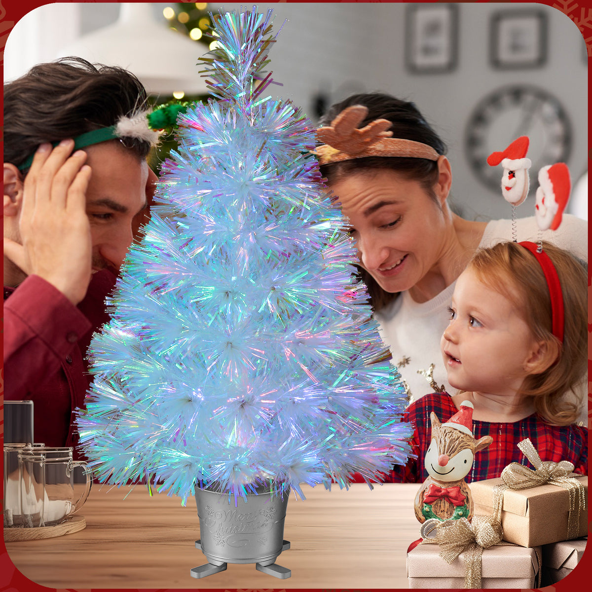 YUETJIN 24 Pre-Lit Mini Fiber Optic Tabletop Artificial Christmas Tree with Seven Colors LED Lights in with Gold Base Pot