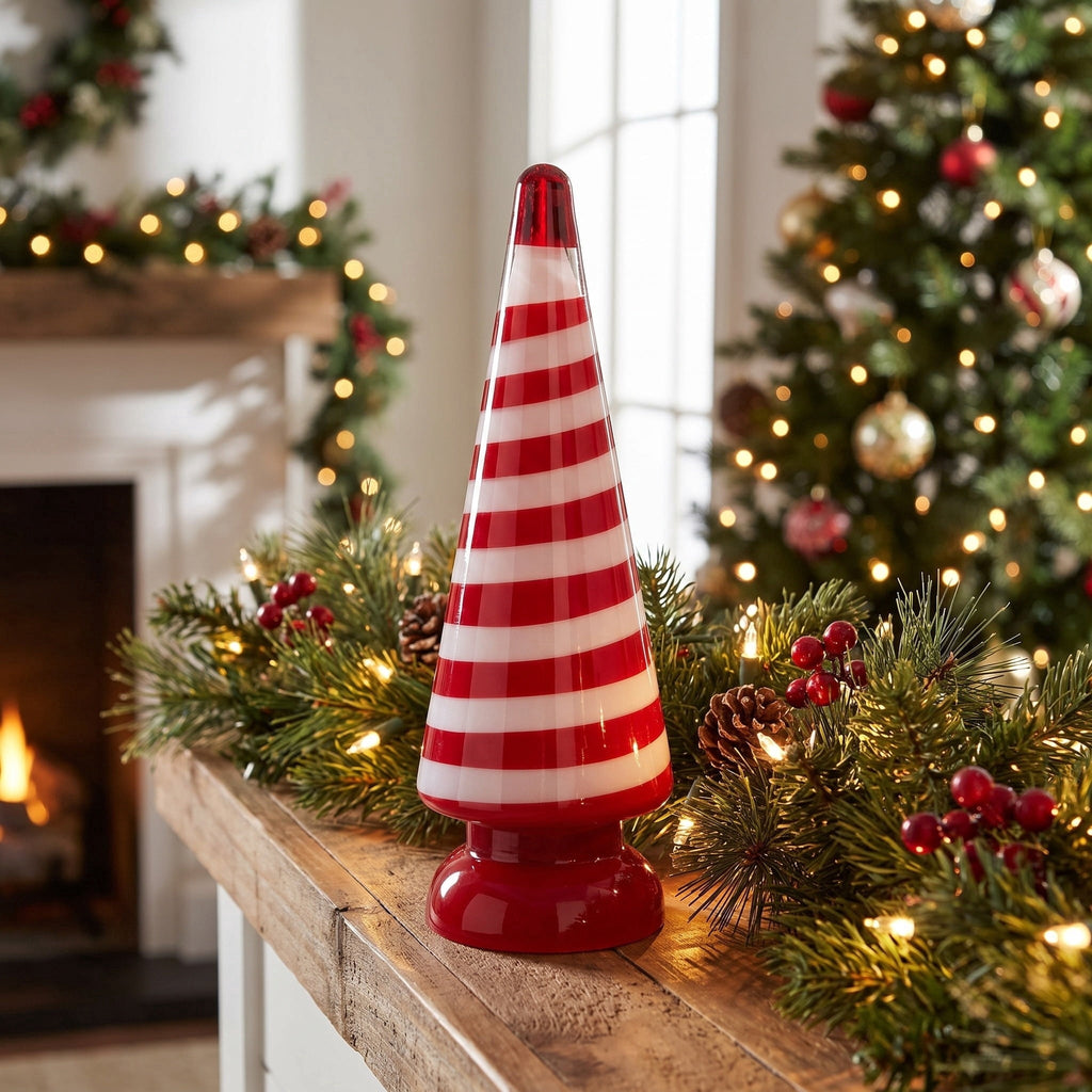 Small Striped Glass Tree Christmas Decoration, Red and White, 11", by Holiday Time