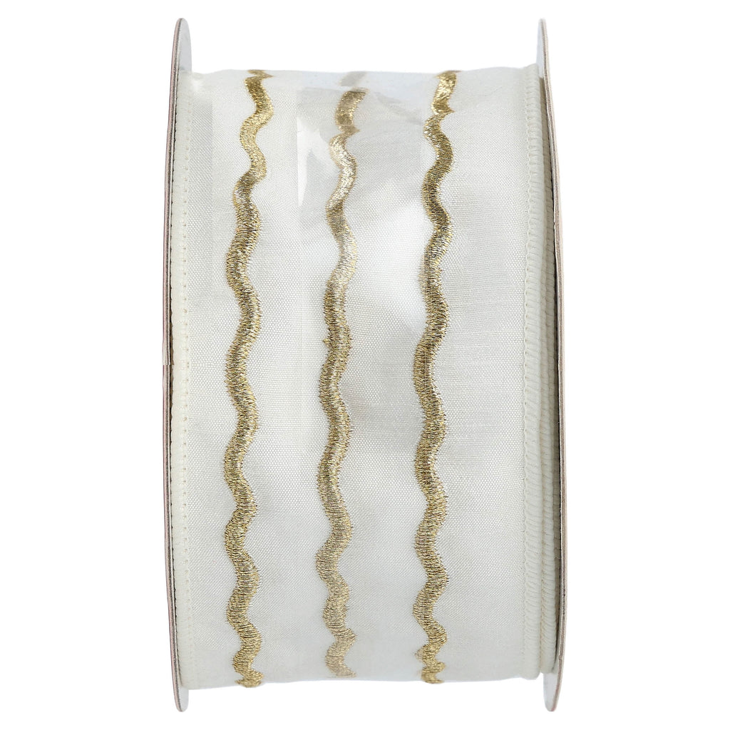 White and Gold Wavy Stripe Christmas Ribbon, 2.5" x 12', by Holiday Time