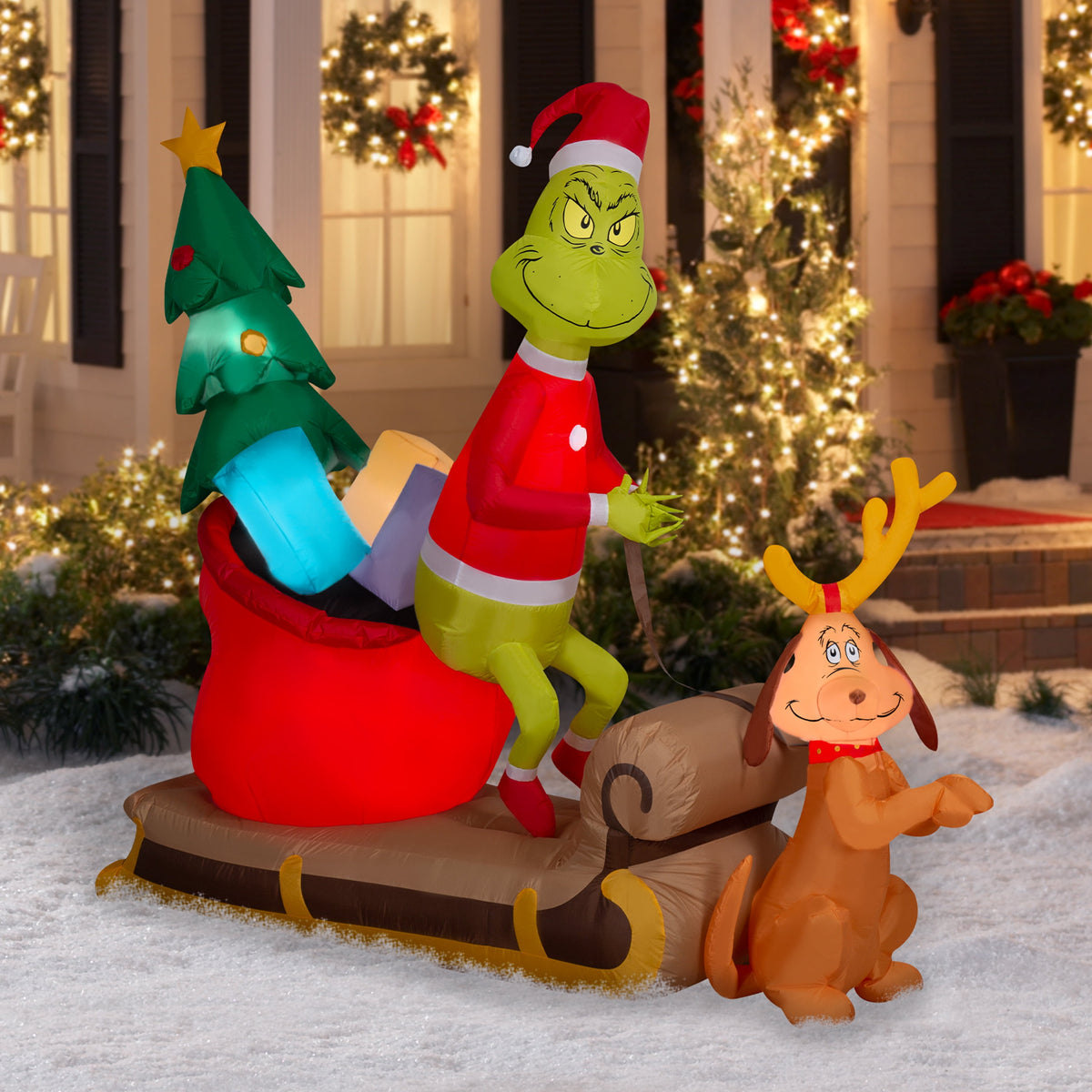 6.5 ft Grinch & Max Sleigh Christmas Airblown Yard Inflatable, Multicolor, by Dr. Seuss