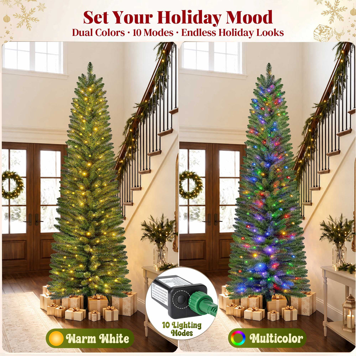 Goosiay Pre-Lit Pencil Artificial Christmas Tree, 6ft Xmas Tree with Metal Stand for Christmas Decoration, Green