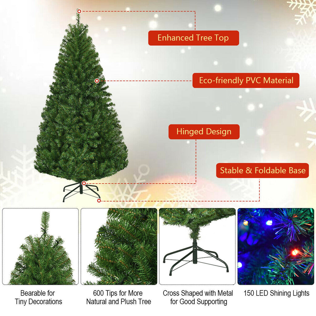 Gymax 8FT Pre-Lit Christmas Tree Hinged Artificial Tree w/ Metal Stand LED Lights