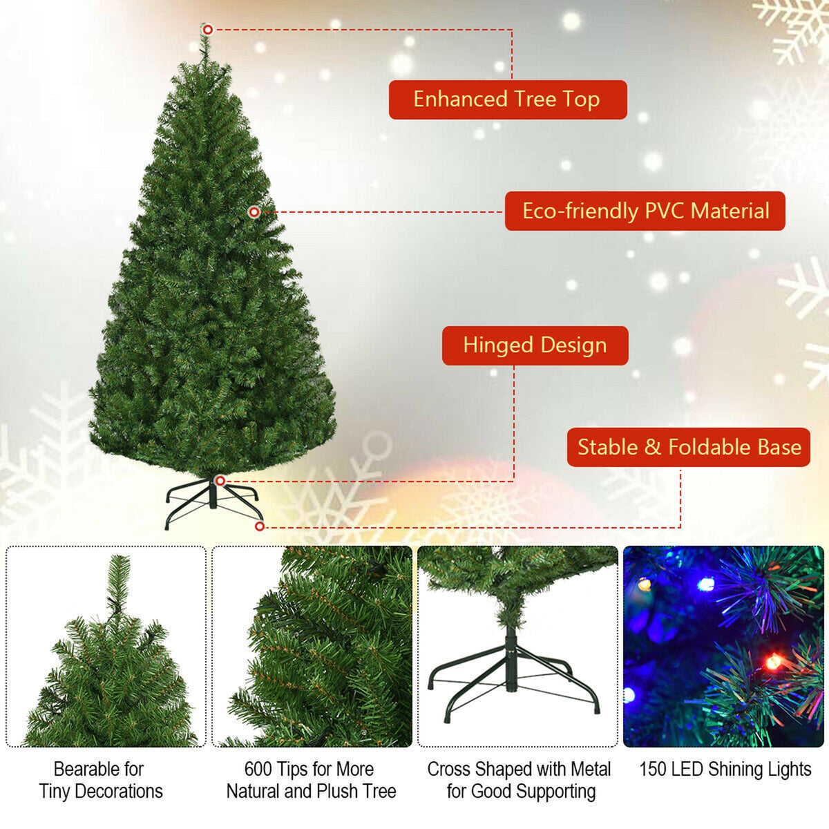 Gymax 8FT Pre-Lit Christmas Tree Hinged Artificial Tree w/ Metal Stand LED Lights