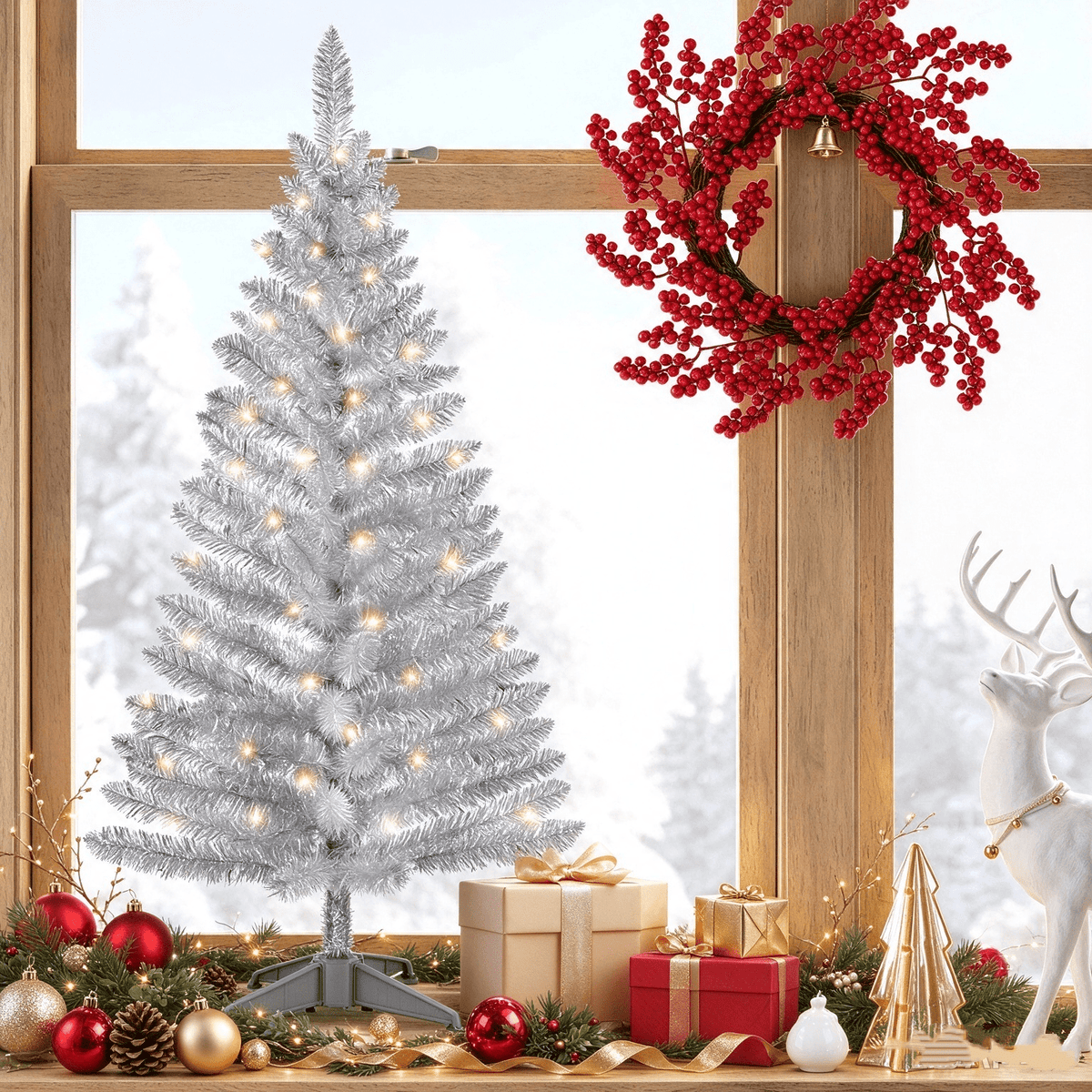Cowin 4ft Artificial Christmas Tree,Pre-lit Tinsel Pine Spruce Tree, Small Xmas Tree for Home, Office and Party,White