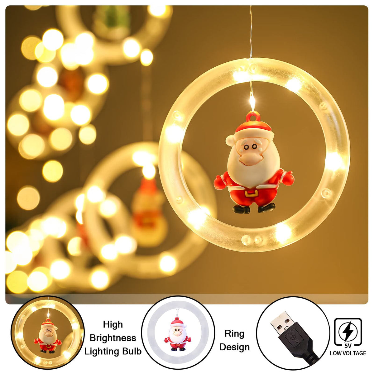 WILLED Christmas String Lights, 120 LED Window Curtain Lights with Christmas Ornaments, 9.8ft USB Powered Warm White Waterproof Fairy Lights Indoor Outdoor for Xmas Tree Patio Garden Party Home Decor