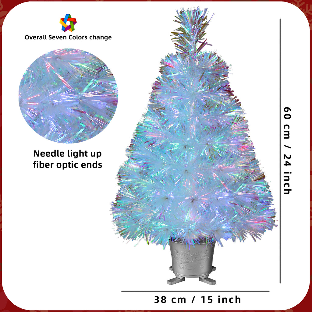 YUETJIN 24 Pre-Lit Mini Fiber Optic Tabletop Artificial Christmas Tree with Seven Colors LED Lights in with Gold Base Pot