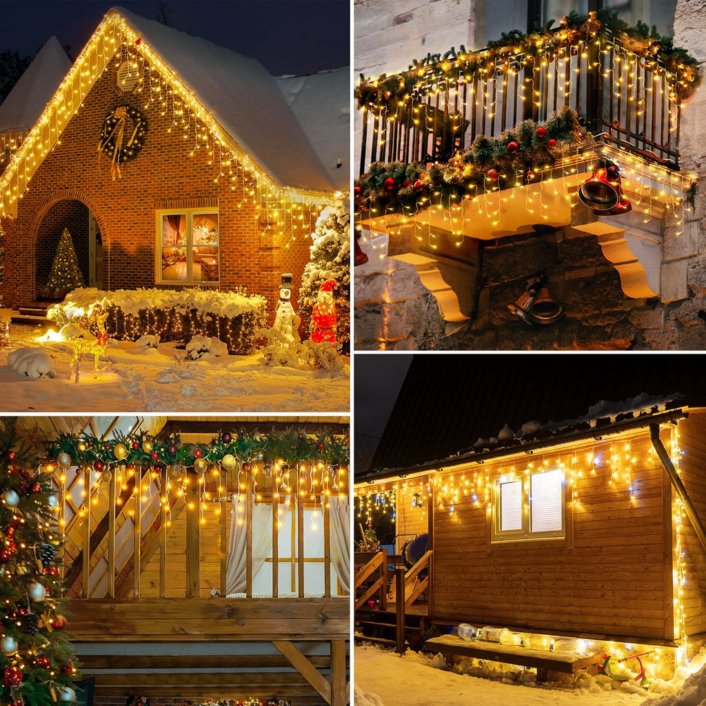 Ollny 24ft 216 LED Icicle Lights for Outside, 8 Lighting Modes 3 Timing Waterproof Icicle Christmas Lights Indoor Outdoor Decorations, White