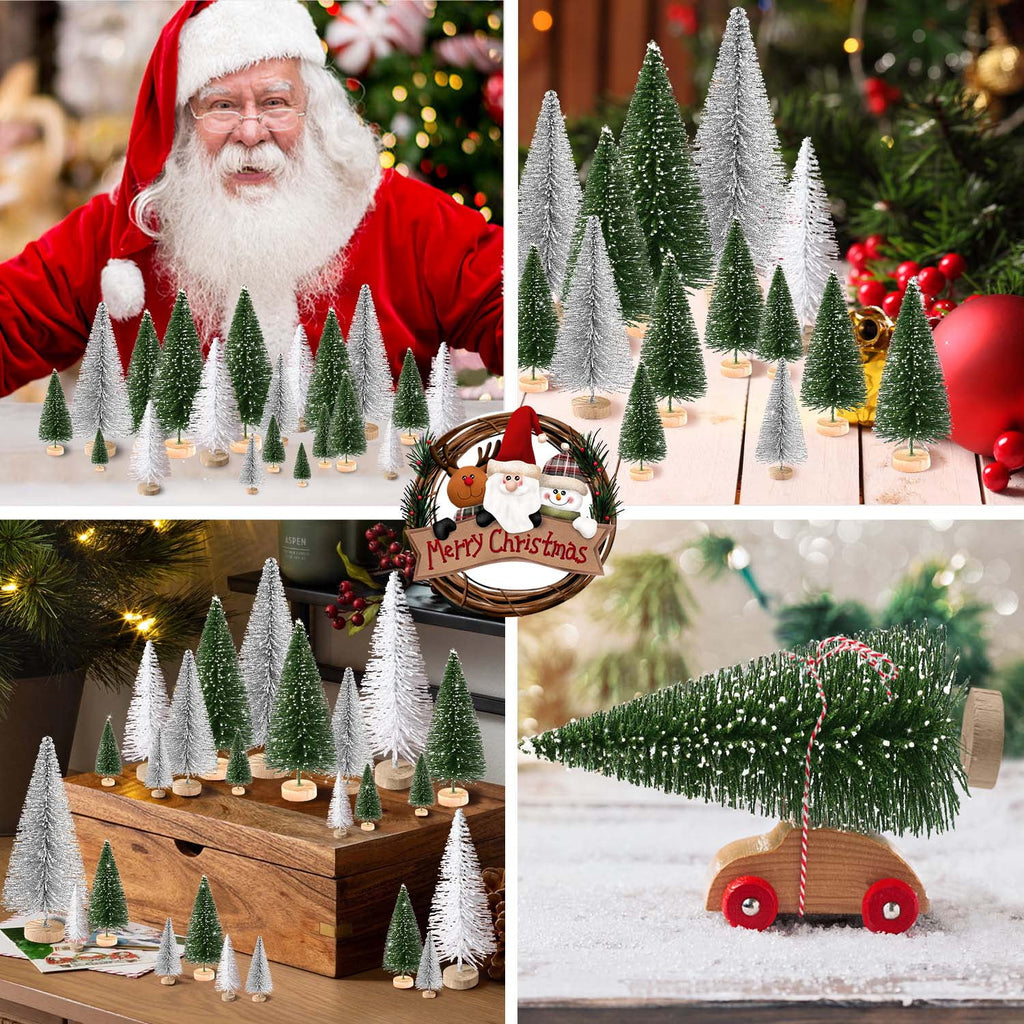Ayieyill 30PCS Artificial Mini Christmas Trees, Mini Pine Tree Sisal Trees with Wood Base Bottle Brush Trees for Christmas Table Top Decor Winter Crafts Ornaments