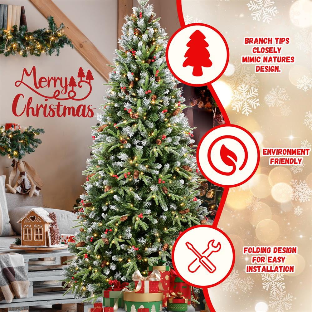 Topcobe Premium Artificial 7ft Green LED Christmas Tree, Foldable Base, Mixed Branch Tips, Red Fruits & Pine Cones for Indoor Holiday Decorating