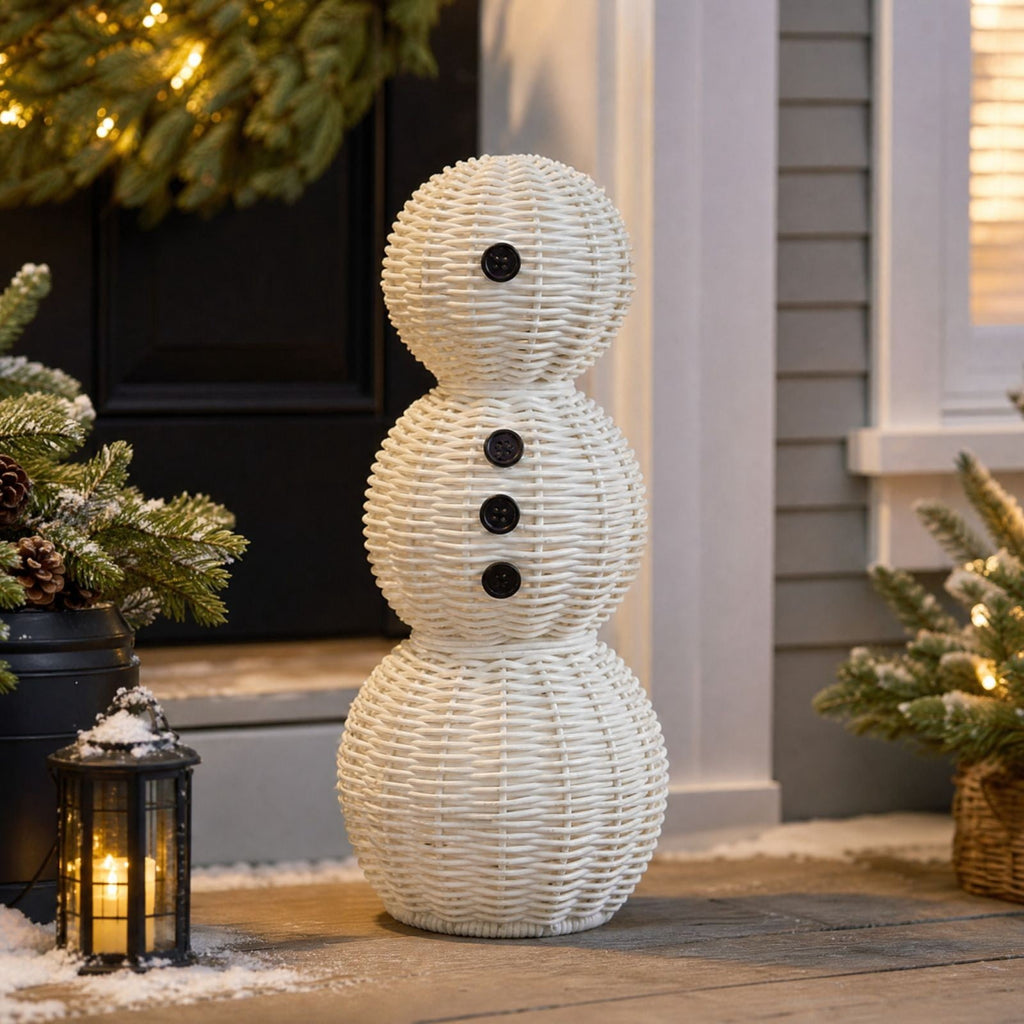 FeiBiQiuBi 14.9" Resin Rattan Style Snowman, Rustic Snowman Decorations with Bow, Woven Natural Style Freestanding Design Winter Farmhouse Decor for Home Kitchen Garden, Holiday Table Mantel Decor